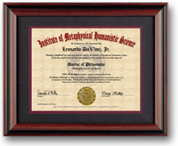 Doctoral Metaphysics PhD Diploma. Elegant, 11 x 14 rosewood frame is optional. Click to enlarge.