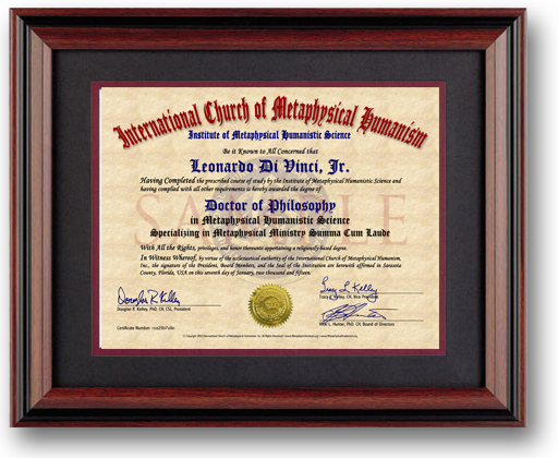 Sample Doctoral Metaphysics PhD Diploma. Frame not included. Click to enlarge.
